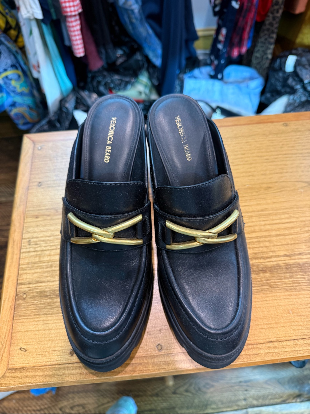 Veronica Beard Black Leather Slip-On Loafers With Gold Hardware